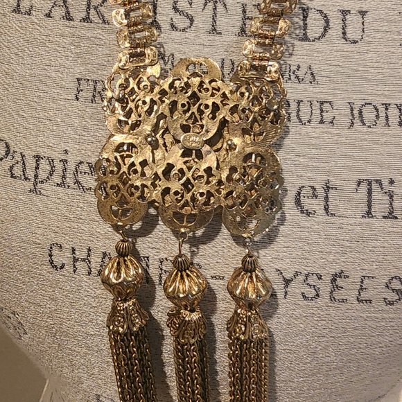 RARE Pauline Rader Coin & Tassels Statement Necklace Vintage Goldtone EUC - Picture 3 of 5
